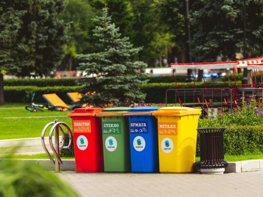 Colorful recycling bins for waste segregation in a Moscow park.