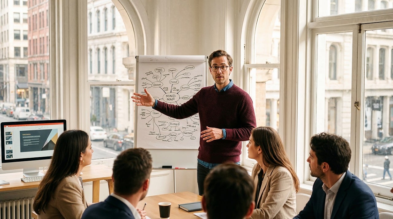 Deelnemers aan een zakelijke workshop in een moderne vergaderruimte