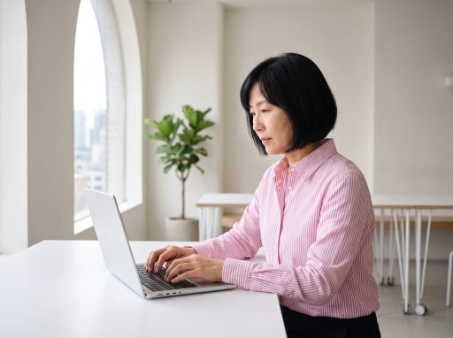 Een vrouw van rond de vijftig werkt geconcentreerd achter haar laptop in een lichte kantoorruimte