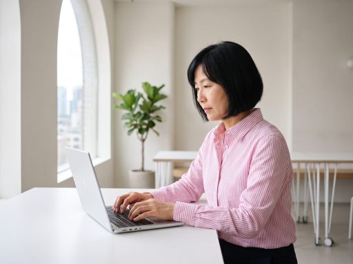 Een vrouw van rond de vijftig werkt geconcentreerd achter haar laptop in een lichte kantoorruimte